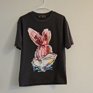 Black and Pink Short Sleeve Tee with Bunny Graphic